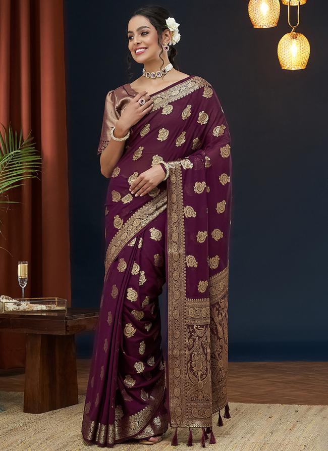 Pure Georgette Wine Wedding Wear Weaving Saree